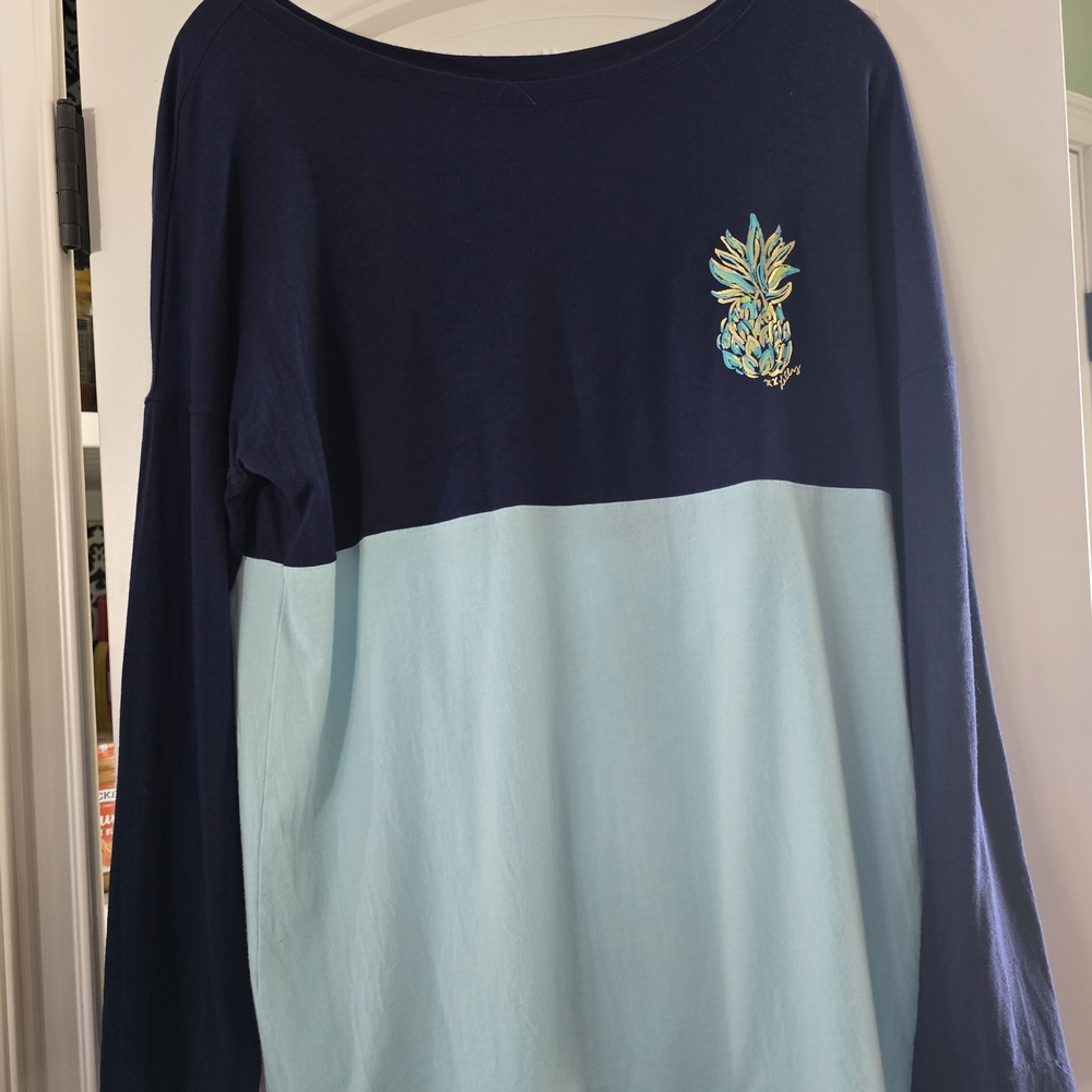 Lilly Pulitzer Navy and Light Blue Long Sleeve Finn Tee Shirt With Pineapple.